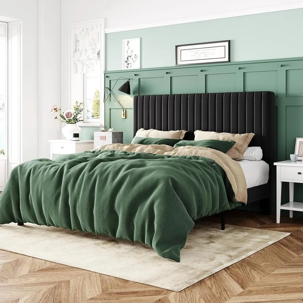 

Полноразмерная рама для кровати с ворсовым изголовьем с вертикальным выходом с прочными деревянными планками, бархатная мягкая платформа для кровати