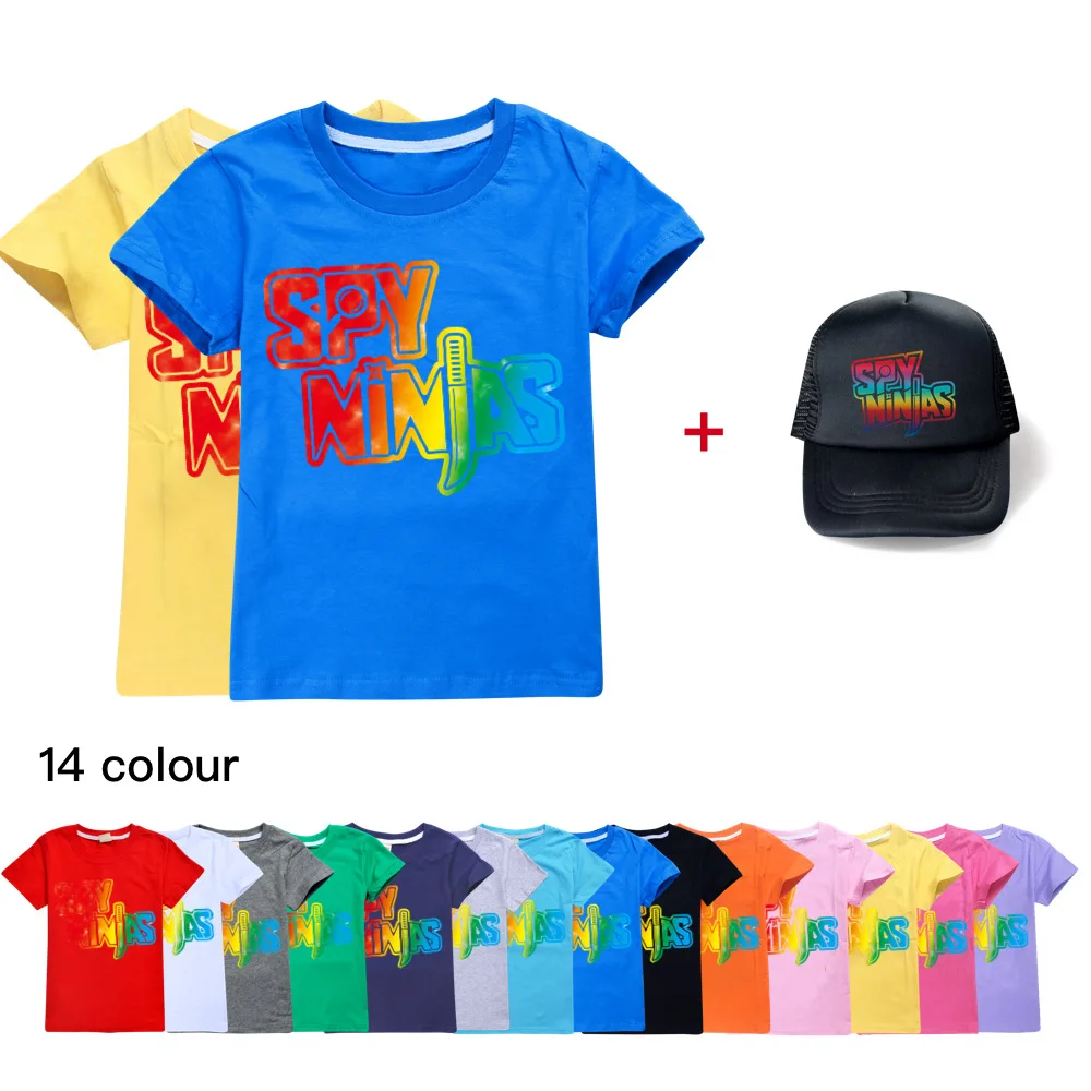 

New SPY NINJAS Summer Girls Kids Cute Cartoon Print T Shirt tops Children Baby Cotton 3D Print Short Sleeve T-shirt+cap