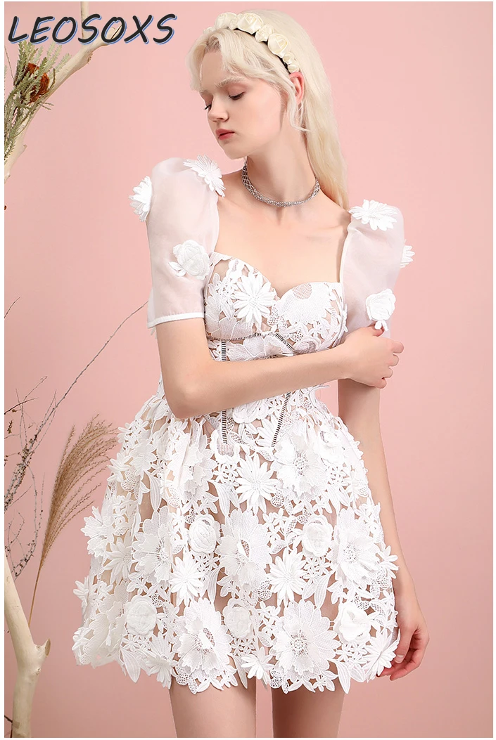 

Elegant High Waist White Dress Female 2024 New French Gentle Organza Stitching Design Sense Lace Dress Women's Party Dresses