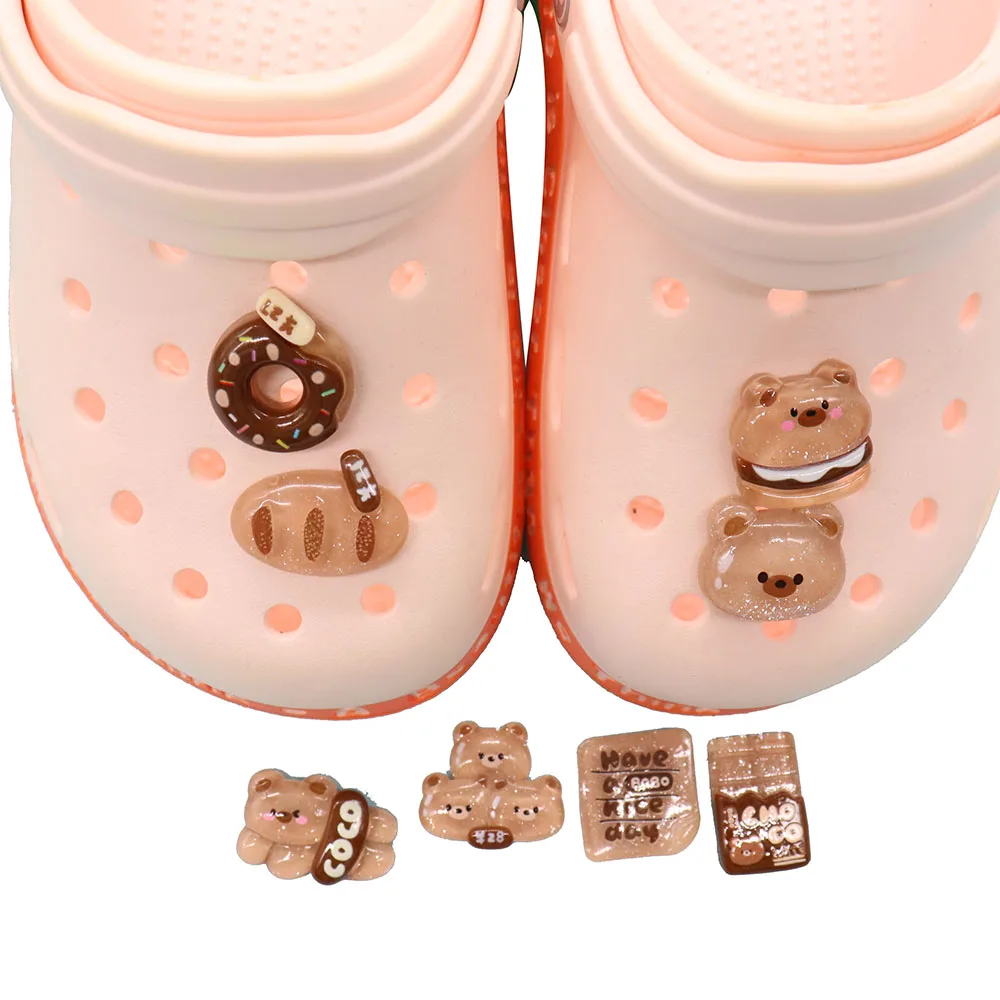 

Mix 50pcs Resin Croc Jibz Buckle Hamburger Bread Chocolate Doughnut Bear Have A Nice Day Shoe Charms Hole Slipper Accessories