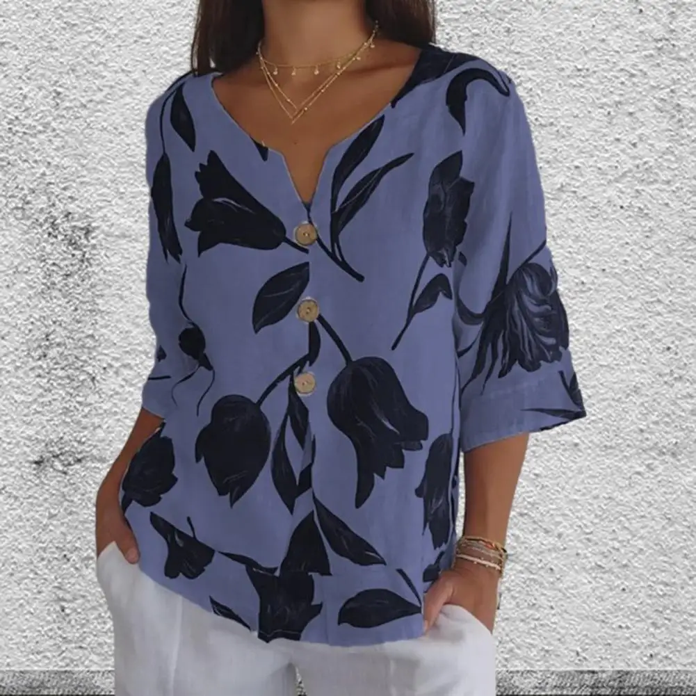 

Women Blouse Leaf Printed V Neck Blouse for Women Retro Three Quarter Sleeve Shirt with Contrast Color Soft Breathable Lady's