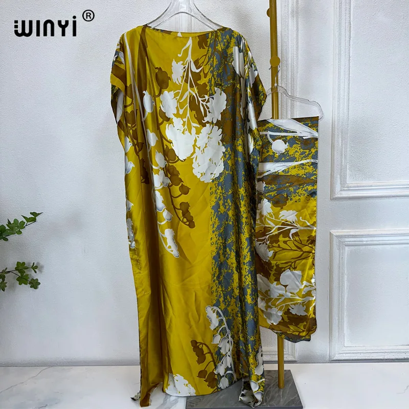 

WINYI 2024 New African Women Dashiki boho print muslim woman dubai Free Size Design With Scarf Maxi Loose African Elegant Dress