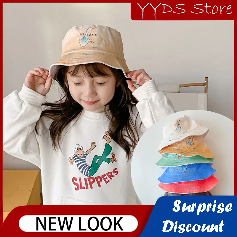 

Spring and Summer Children's Fisherman Hat Boys and Girls Hand-painted Graffiti Goose Sun Hat Letter Printing Beach Sun Hat