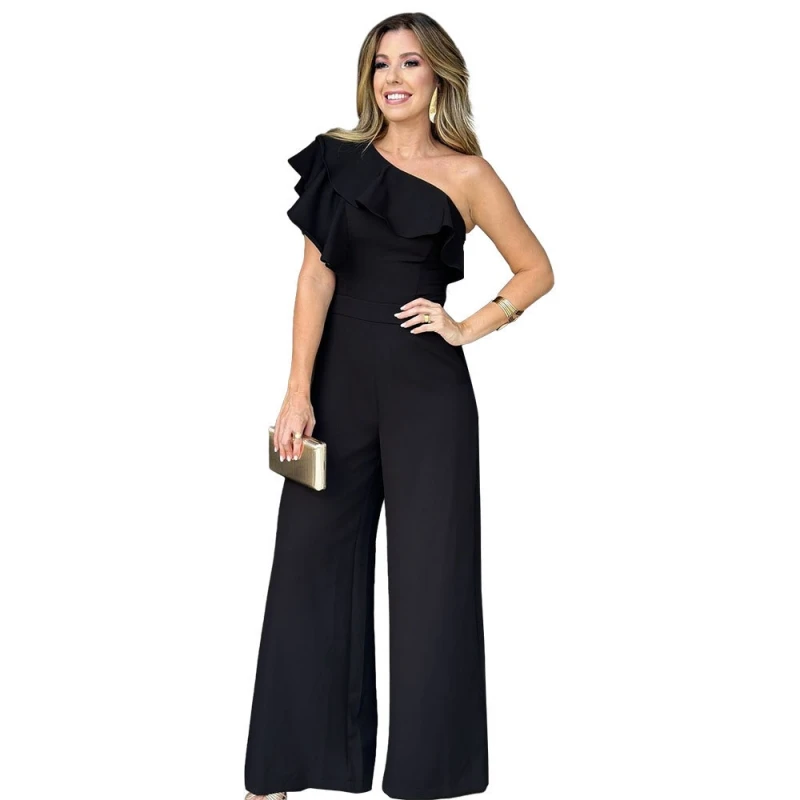 

Women Streamer Spicing Wrap One Shoulder Wide Leg Straight Jumpsuit Spring Sexy Party Evening INS Playsuit One Piece Suit Romper