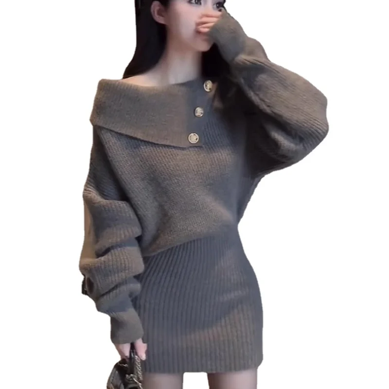 

Трикотажное платье, женское осенне-зимнее облегающее приталенное мужское платье-свитер с открытыми плечами на одно плечо, облегающая юбка-карандаш, новинка 2023