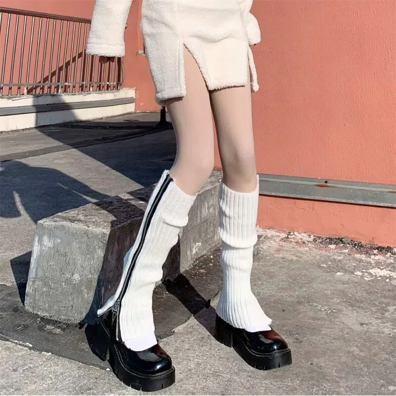 

Knitted Leg Warmers Fashion Women Sexy Gothic Punk Warm Foot Cover Jk Lolita Harajuku Side Zipper Up Solid Color Boot Socks
