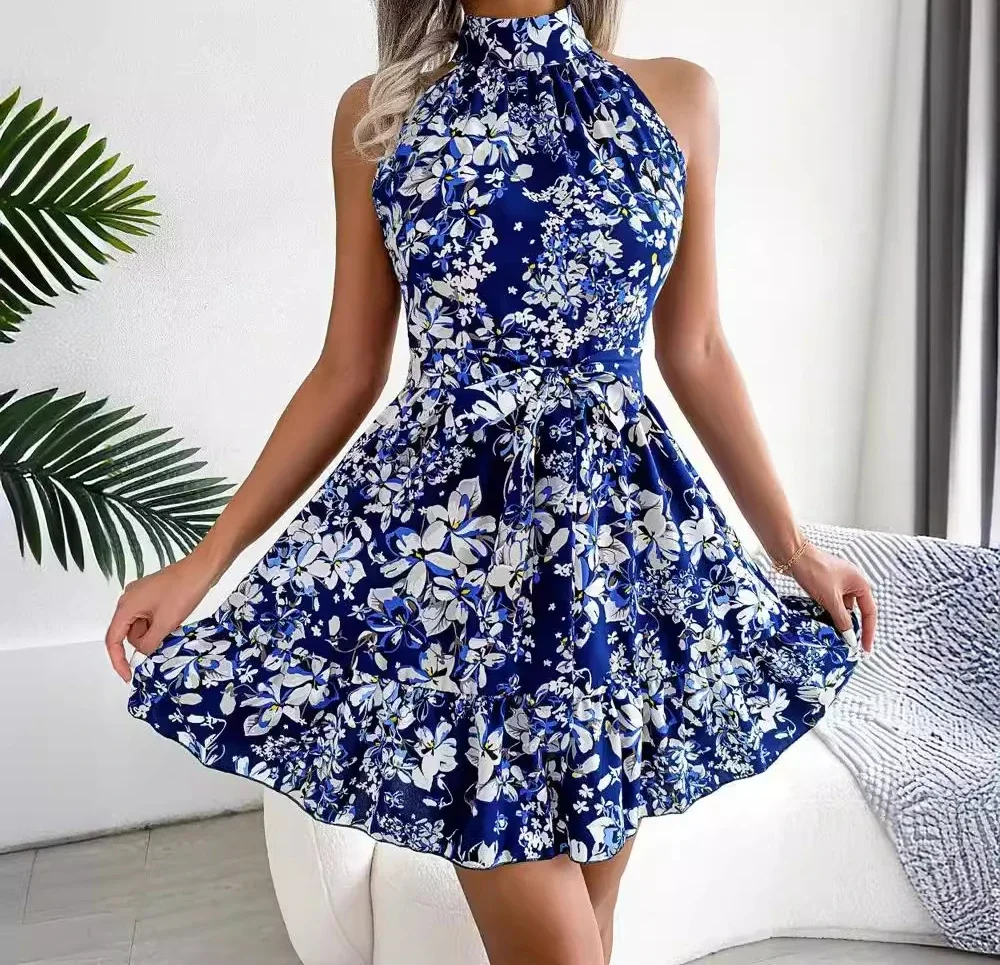 

Summer Dresses for Women 2024 New Fashion Sleeveless Skirt Flower Printed Hanging Neck Temperament Casual Elegant Mini Dress