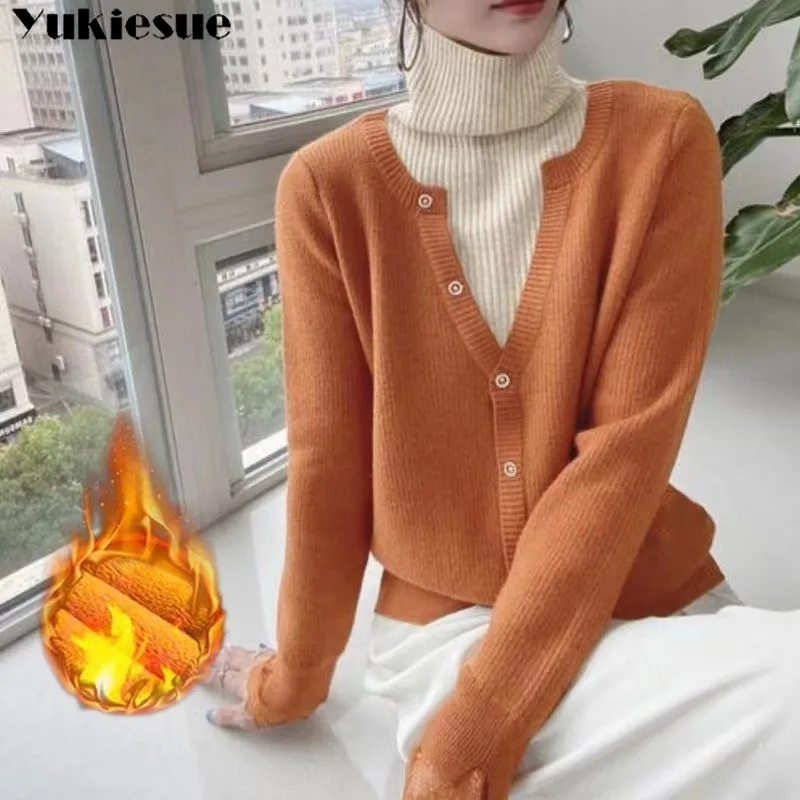 

Womens Casual Fake Two Pieces Knit Tops Korean Pullover Soft Plus Velvet Knitwear Jumper Autumn Mock Neck Thicken Warm Sweater