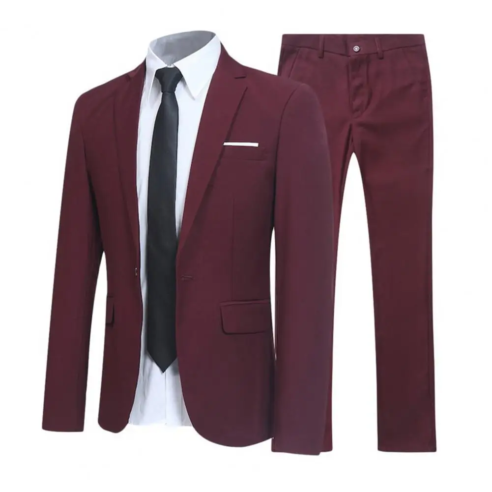 

1 Set Men Jacket Pants Solid Color Turndown Collar Slim Fit Business Suit Set Groom Blazer Trousers for Wedding Office