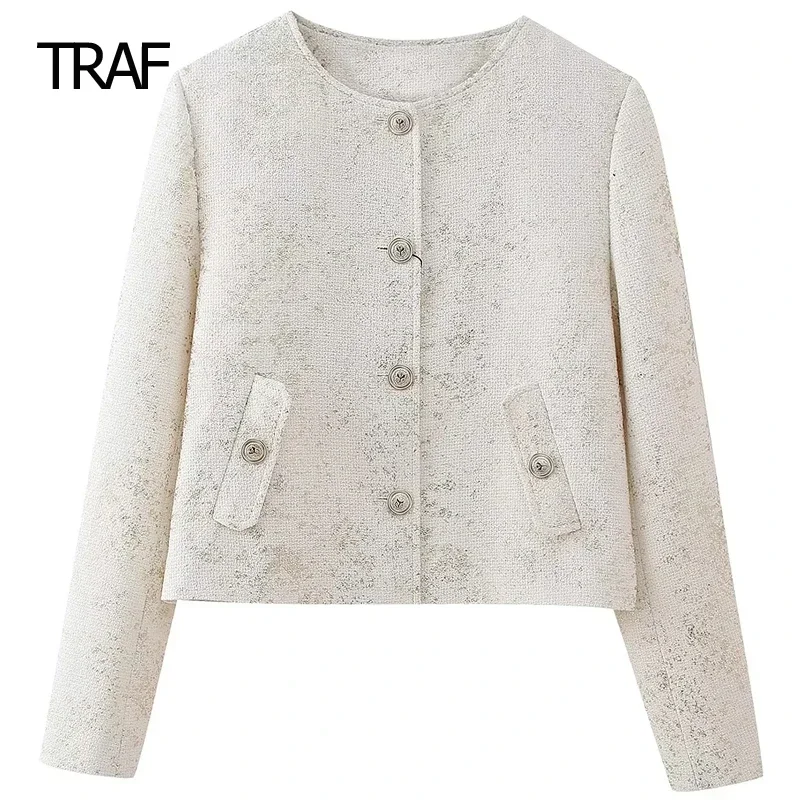 

TRAF Women's Blazer Tailoring Spring 2024 Textured Metal Foil Blazers O-Neck Long Sleeves Top Office Wear For Women Professional