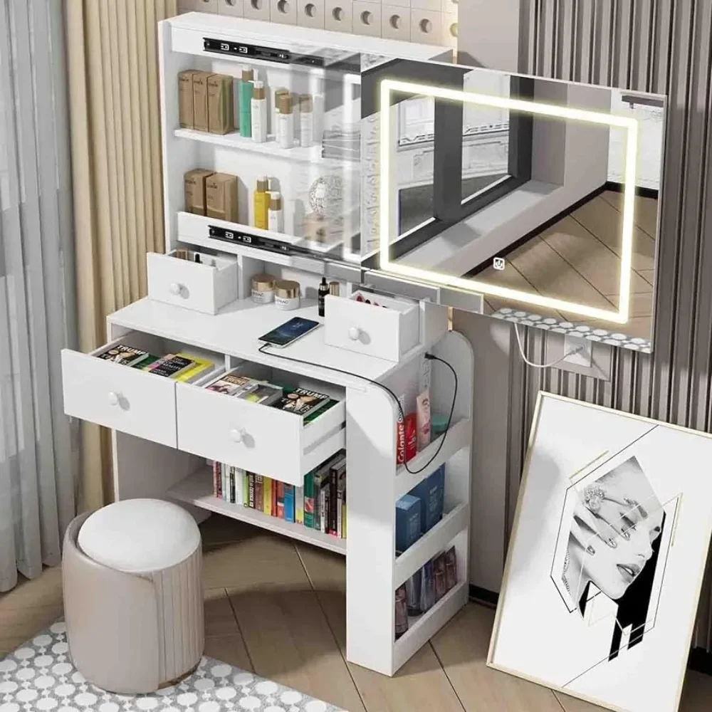 Dresser with illuminated mirror and drawer, sliding vanity mirror with 3-color adjustable touch light, bedroom dresser
Dresser with illuminated mirror and drawer, sliding vanity mirror with 3-color adjustable touch light, bedroom dresser