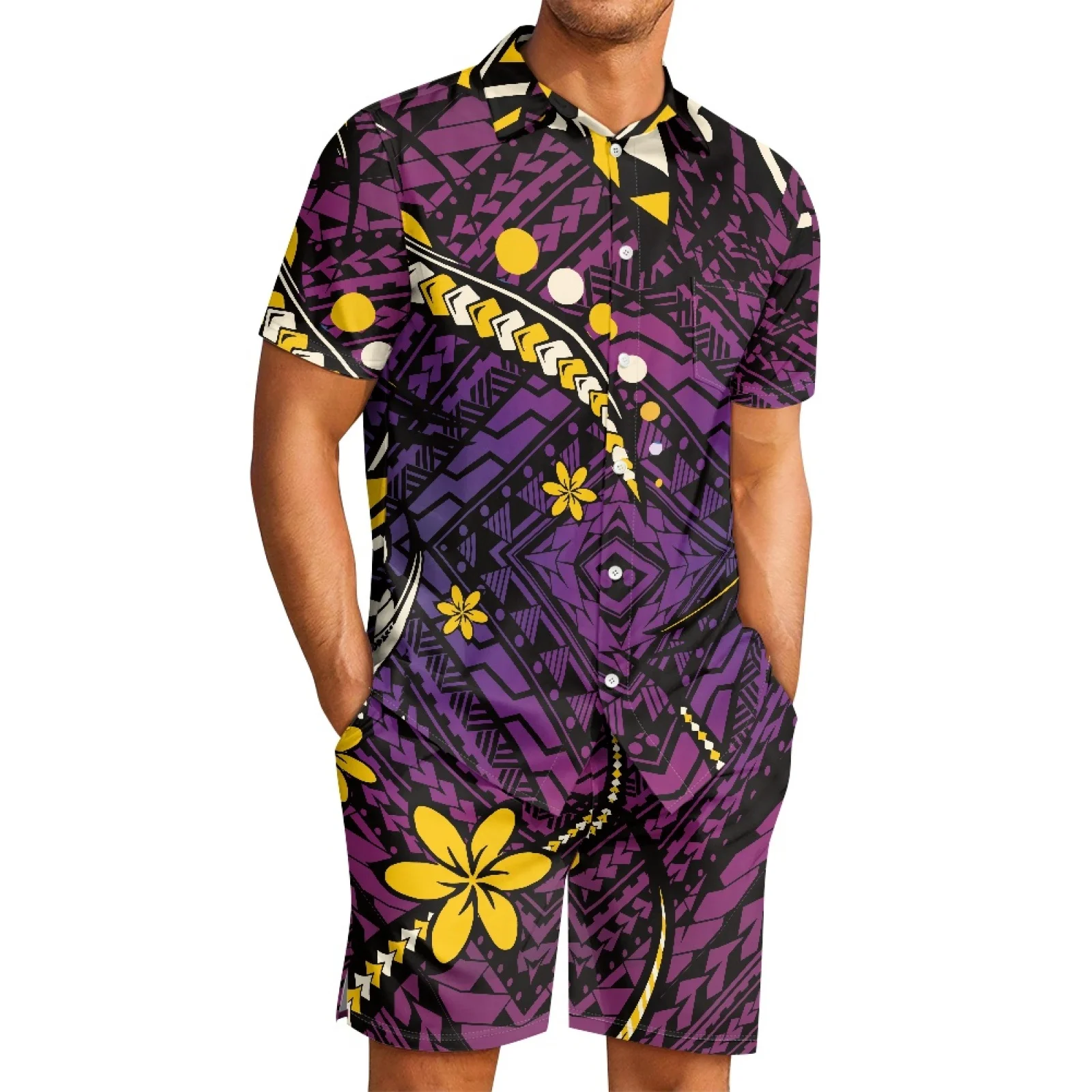 

Polynesian Tribal Hawaiian Totem Tattoo Hawaii Prints Men Comfort Button-Up Shirt Polyester Fabrics Plumeria Short Sleeve Suit