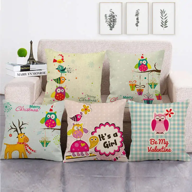 

Cute Owl Cotton Linen Pillowcase Pink Owl Pillow Case for Girl Room Aesthetics Boy Girl Kid Gift Pillow Cover Home Decor 40x40