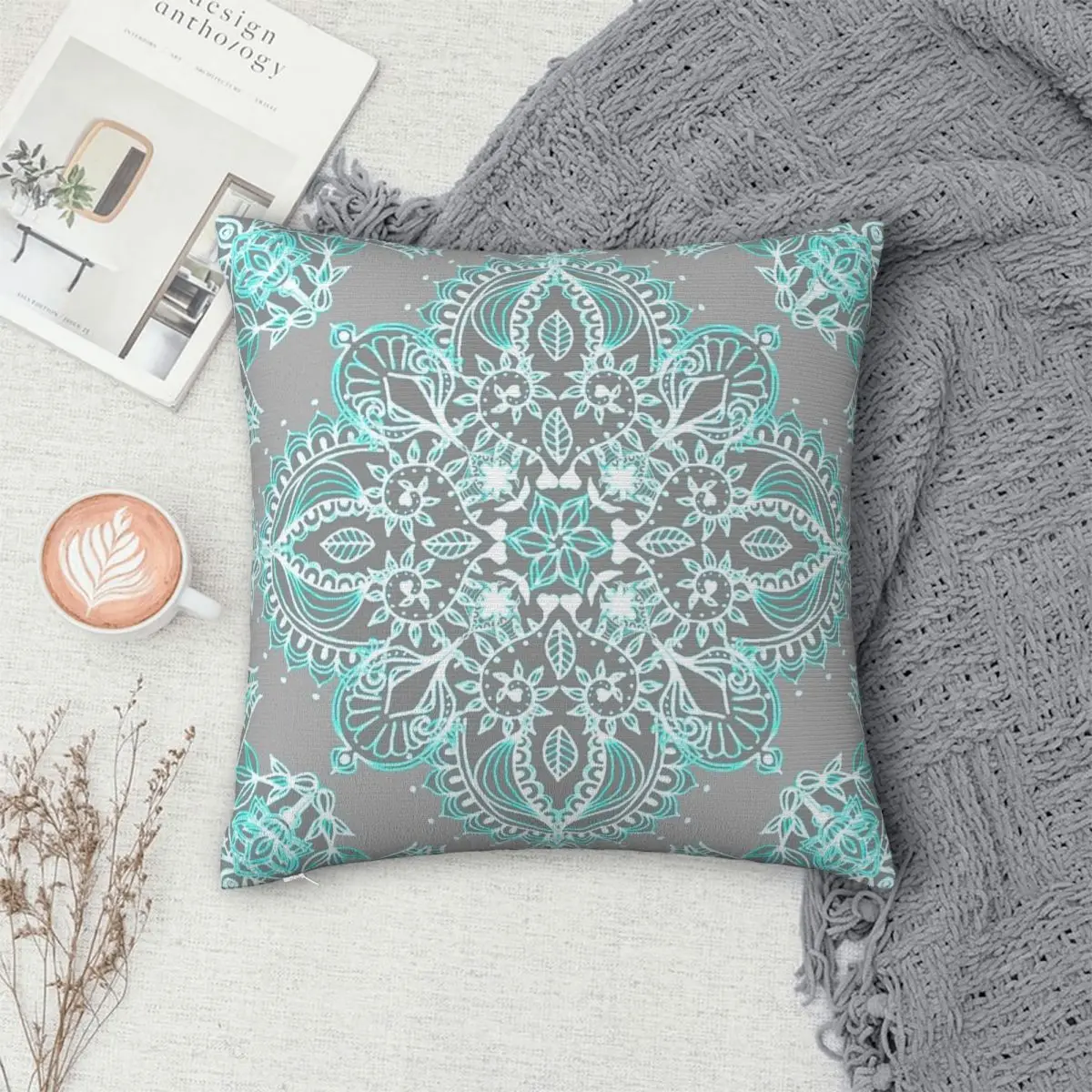 

Teal And Aqua Lace Mandala On Grey Pillowcase Polyester Pillows Cover Cushion Comfort Throw Pillow Sofa Decorative Cushions Used