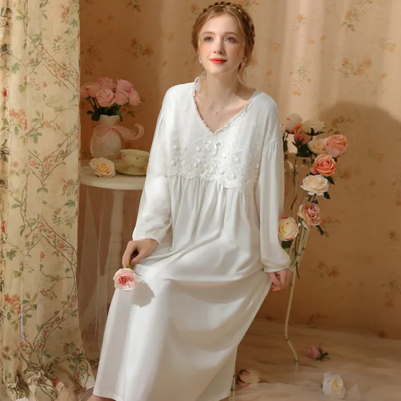 

Long Sleeve Robe Dressing Gown Sleepwear Women Cotton Night Dress Princess Nightwear Sweet Lace Embroidery Vintage Nightgown