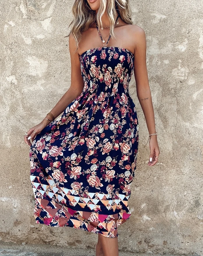 

2024 Summer New Women's Clothing Mini Dress Temperament Slim Floral Print Shirred Halter Tied Detail Daily Vacation Dress