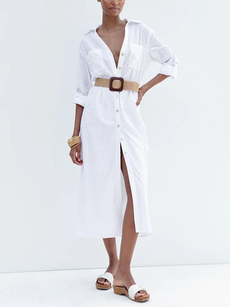 

Elegant Women Dresses Turn Up Sleeve Cutwork Embroidery Summer Midi Dress V Neck Collared Belted White Shirt Dress With Pockets