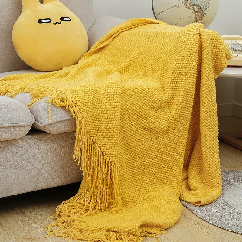 

Solid Color Corn Grain Waffle Embossed Knitted Blanket Home Decorative Thickened Winter Warm Tassels Throw Bedspread
