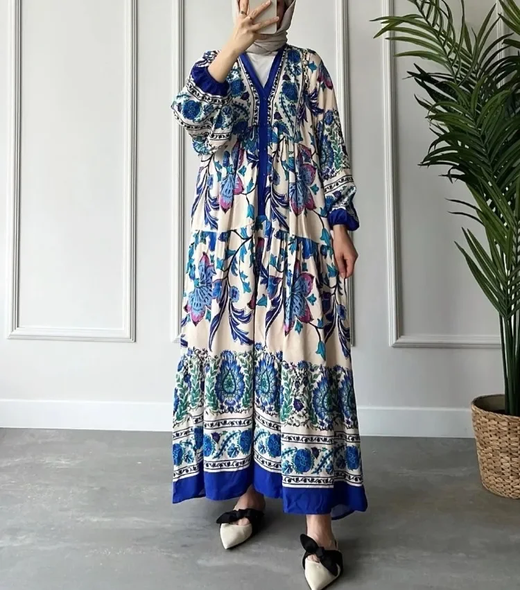 

2024 Casual Autumn Women Dress Vintage Printed Ethnic Large Swing Dresses Loose V Necked Long Sleeved Robe Party Elegant Vestido