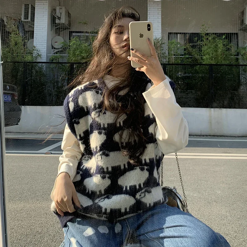 Animal Sheep Pattern College Style Knitted Female Sweaters Vests Waistcoats Women Casual All-Match Loose Basic Sleeveless Tops
Animal Sheep Pattern College Style Knitted Female Sweaters Vests Waistcoats Women Casual All-Match Loose Basic Sleeveless Tops