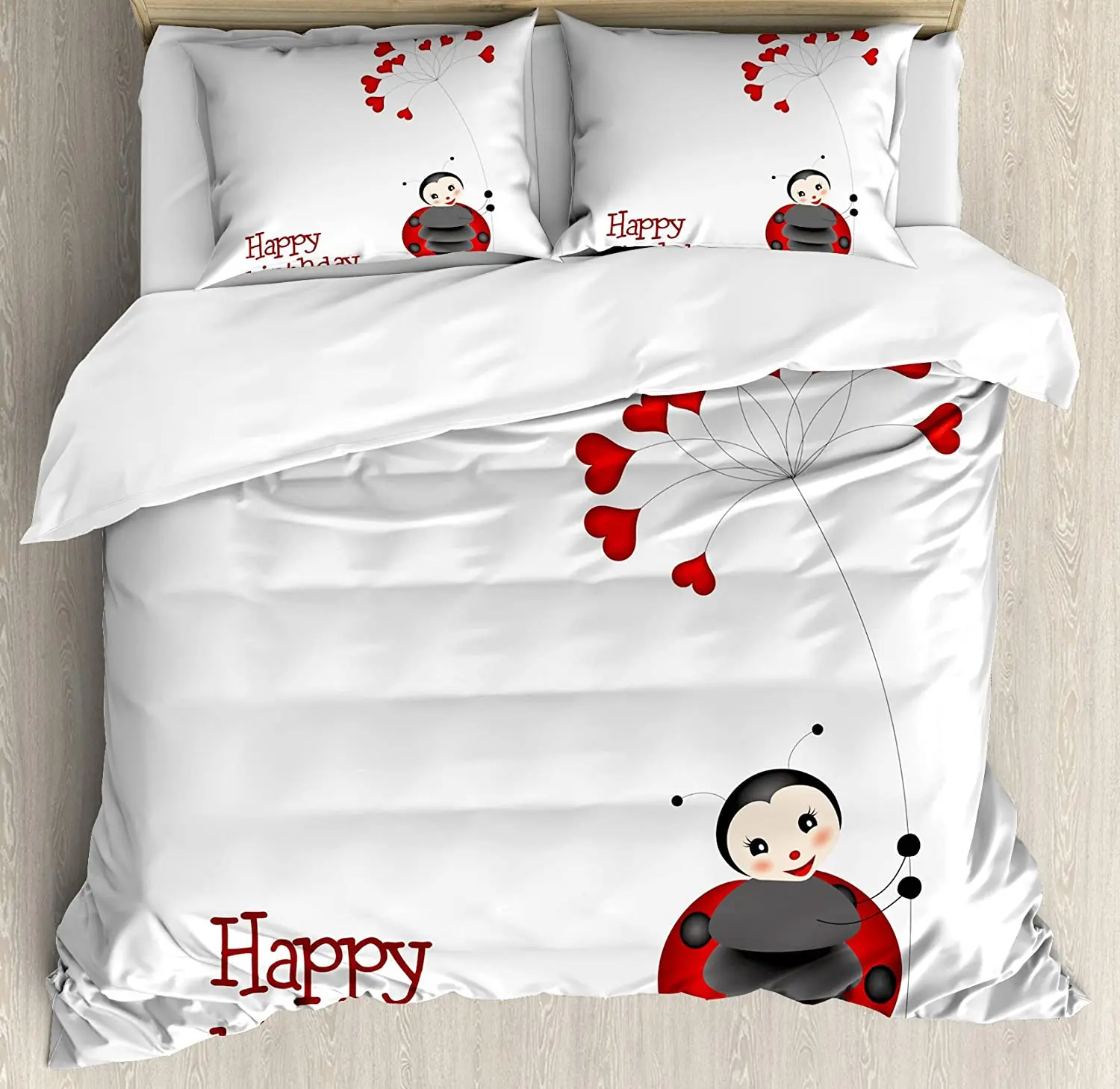 Birthday Decorations for Kids Bedding Set Ladybug Wings Flo 3pcs Duvet Cover Bed Quilt Pillow Case Comforter |
