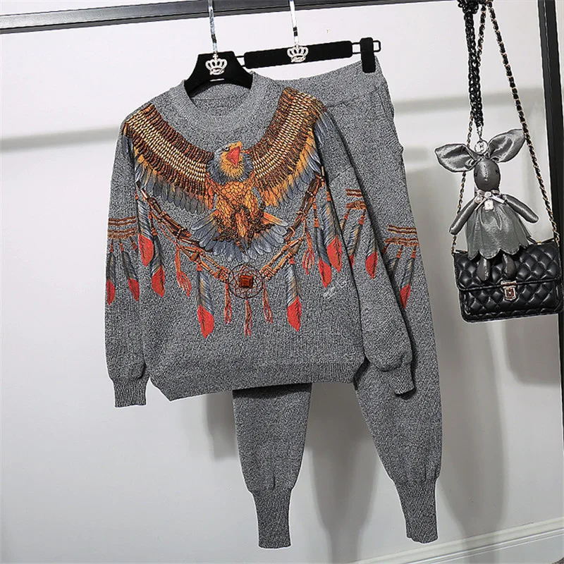 

Autumn Fashion Beading Cartoons Eagle Pattern Knitted Tracksuits Set Women Loose Casual Knit Sweater Pencil Pants Outfits Female