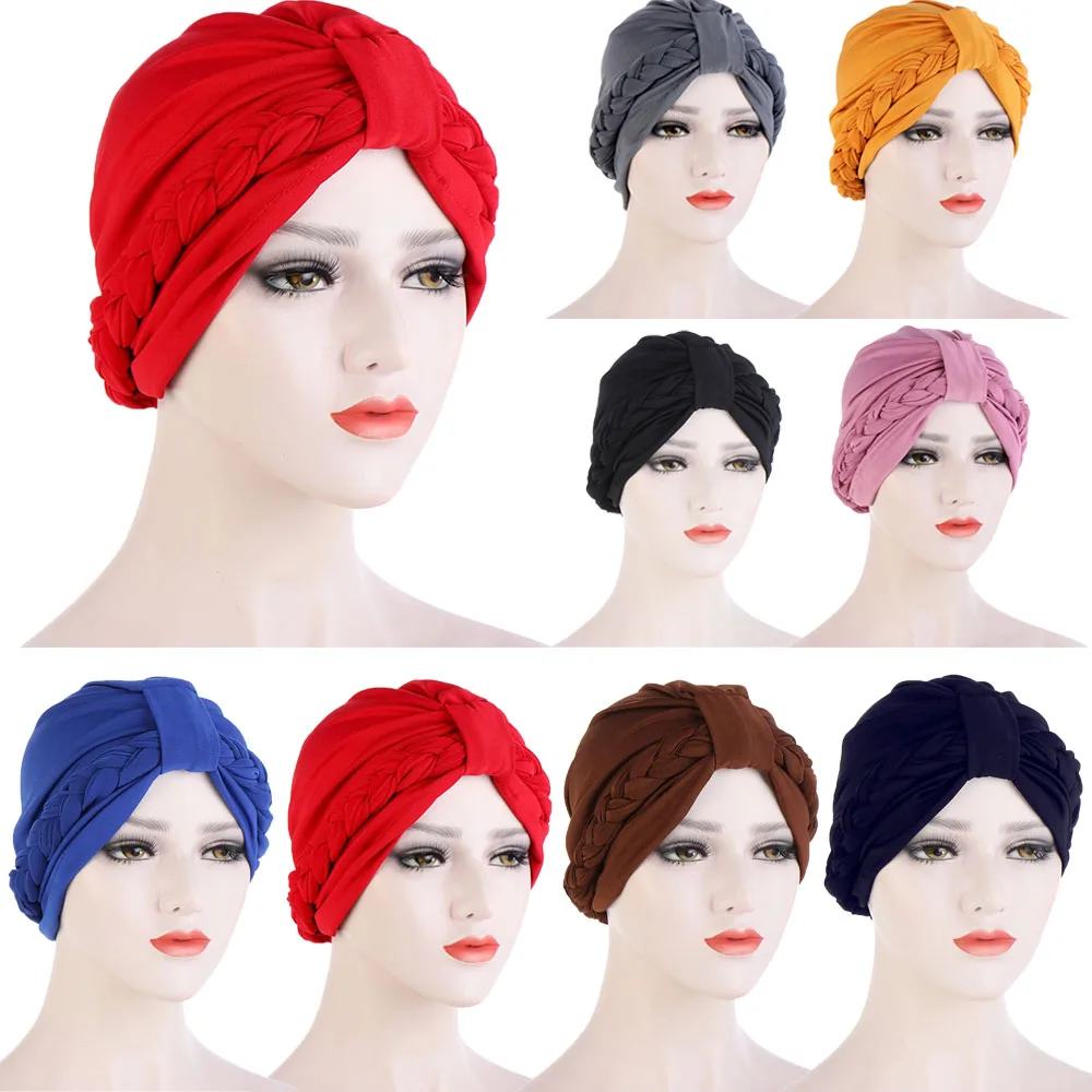 

Indian Women Muslim Hijab Braid Knot Top Chemo Cap Cancer Bonnet Hair Loss Hat Islamic Arab Turban Femme Beanies Headwrap Scarf