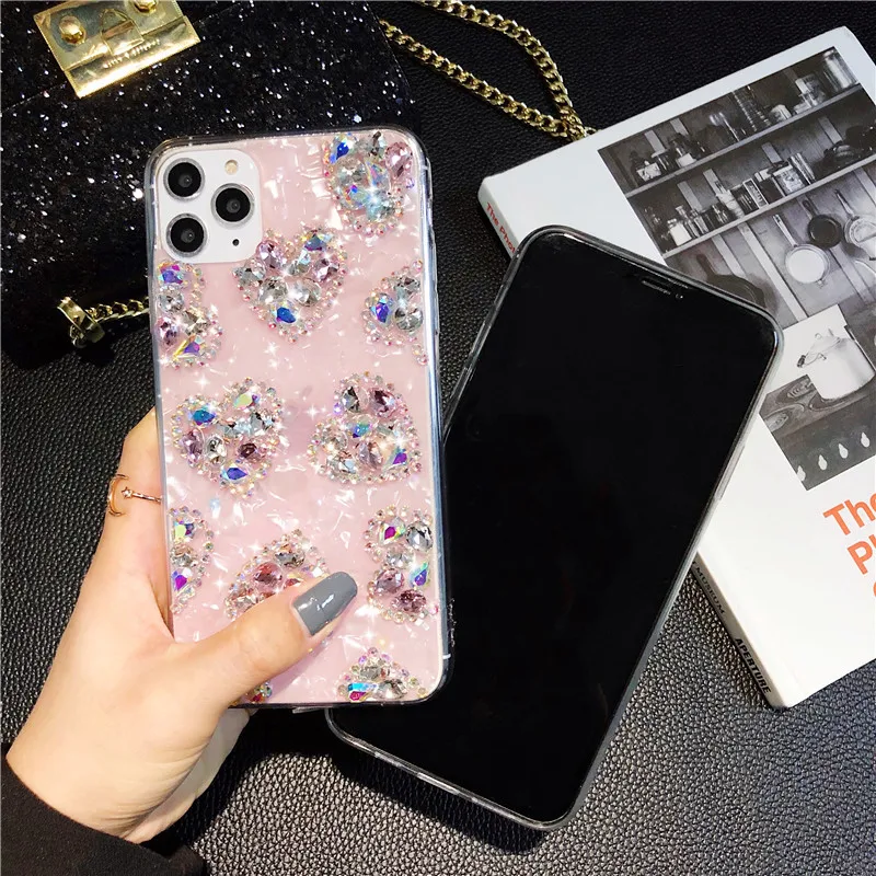 

Marble Phone Case For iPhone 13 12 11 Pro Max X XR XS 7 8 Plus 12 Mini Case Glitter Bling Diamond Rhinestone Love Heart Cover