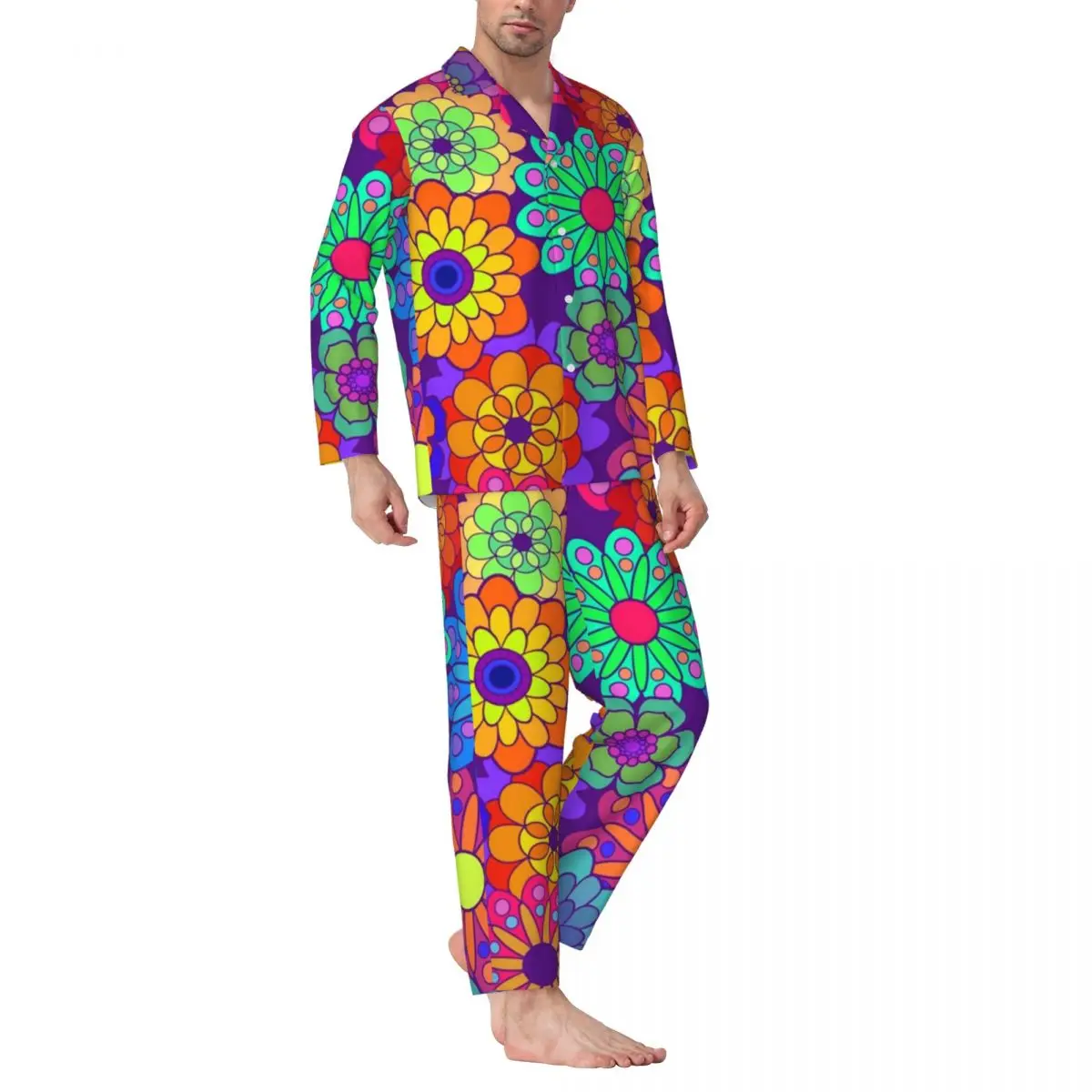 

Retro Psychedelic Pajama Set Hippy Flowers Print Romantic Sleepwear Unisex Long Sleeve Vintage Night 2 Pieces Nightwear Big Size