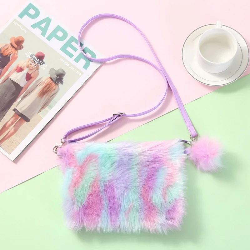 

Kids Girls Soft Plush Envelope Package Colorful Rainbow Fur Shoulder Bag Women's Small Crossbody Bags with Adjustable Belts