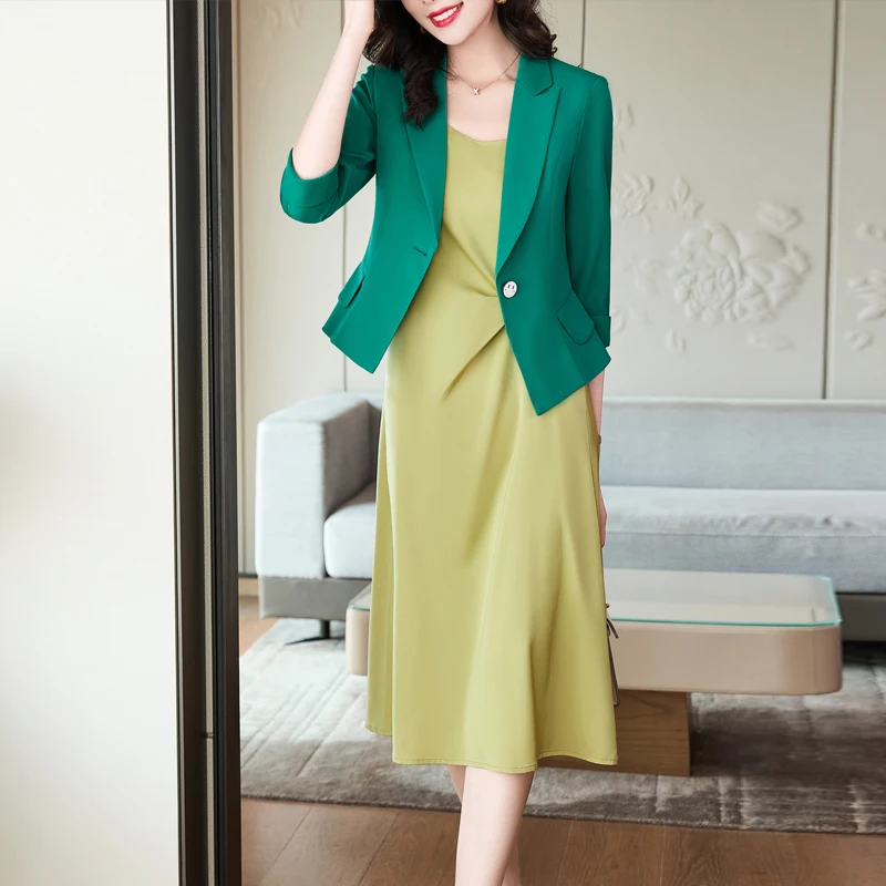 Summer Chic Dress Suits Women Thin Small Blazer Notched Half Sleeve Office Lady Fashion Suspenders Camisole Strap Dress
Summer Chic Dress Suits Women Thin Small Blazer Notched Half Sleeve Office Lady Fashion Suspenders Camisole Strap Dress