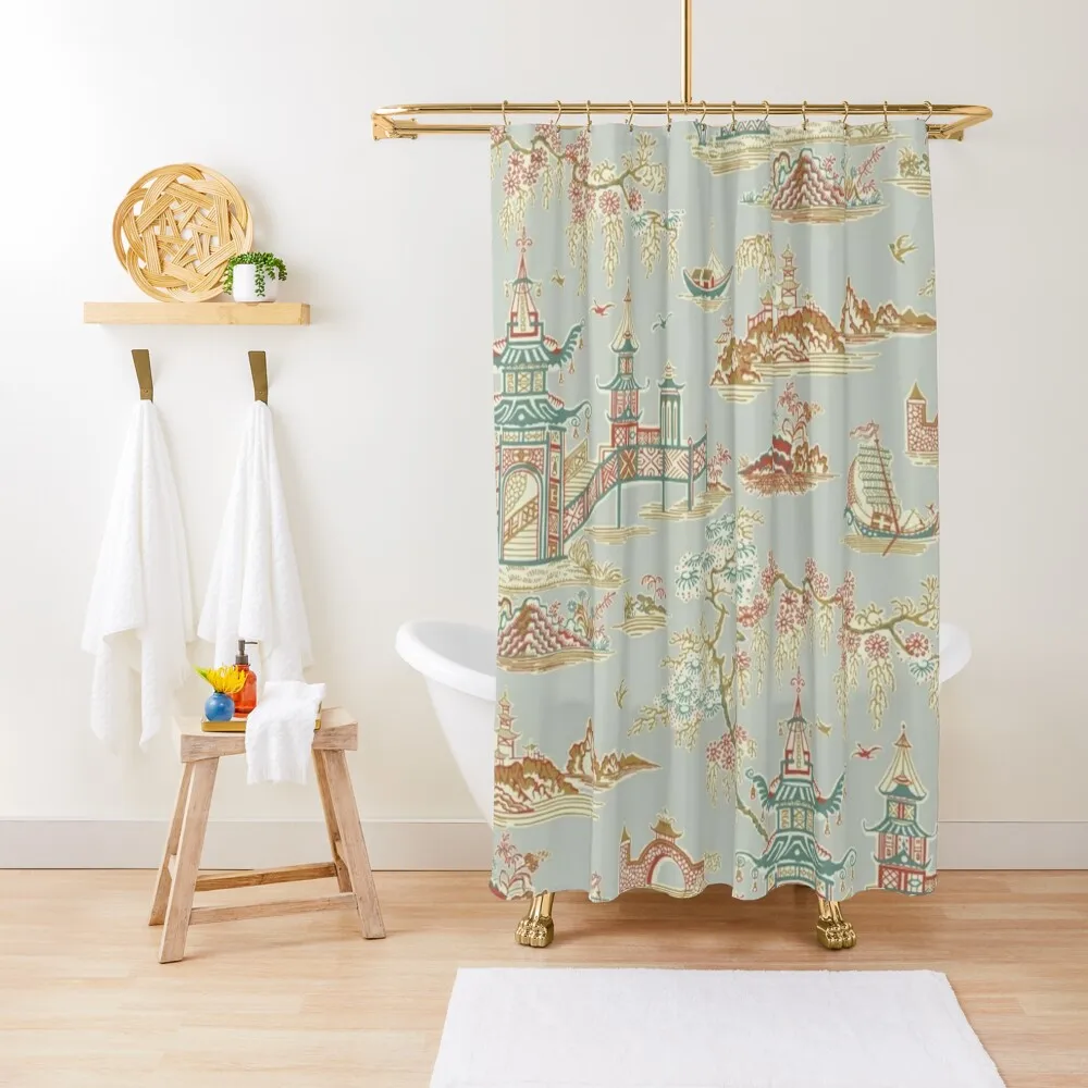 

Wuwei Traditional Oriental Garden Teahouse - Gray and Gold Chinoiserie Shower Curtain Cover Curtain Curtain Bathroom Shower