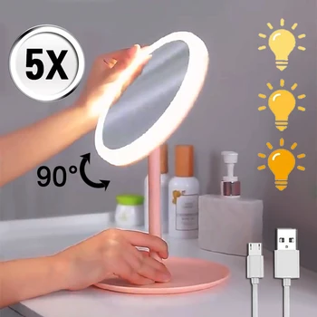 5X 돋보기 Led 거울 메이크업 utensilien 360 스마트 여행 핑크 라운드 데스크 테이블 로커 화장대 거울