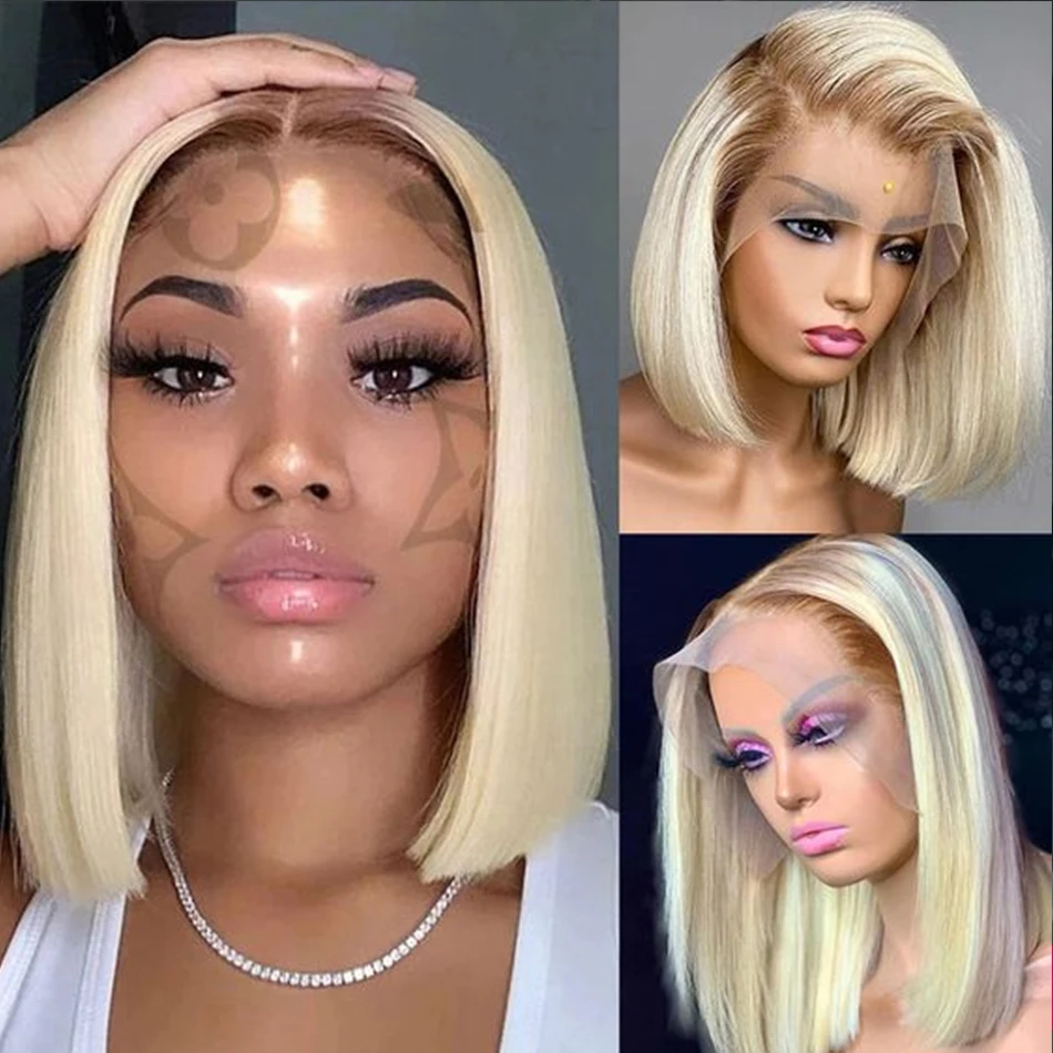 

4 613 Blonde Lace Front Wigs For Women Short Bob Brazilian Human Hair Wig Brown Roots HD Transparent Lace Frontal Wig Preplucked
