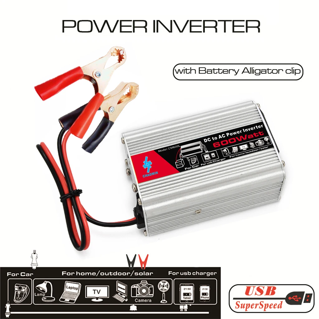 

600W Car Power Inverter DC 12V to AC 220V with USB Display Car Converter Inverters for Solar Household Appliances Outdoors