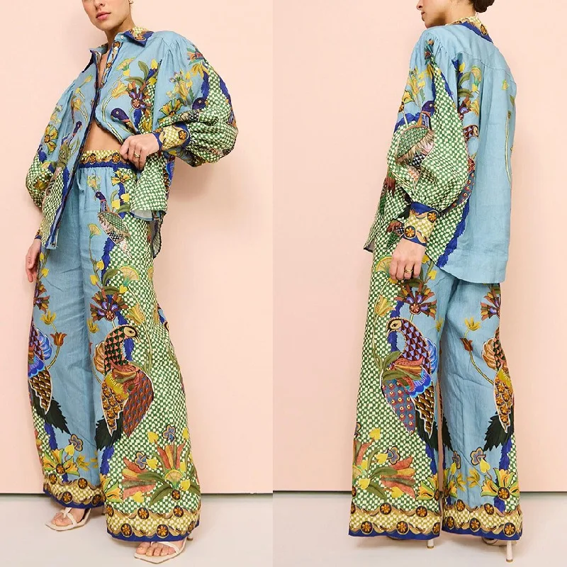 Elegant Peacock Print Women Two Piece Set Puff Long Sleeve Shirt Wide Leg Pants Y2K Clothes Loose Tracksuit Vacation Outfits
Elegant Peacock Print Women Two Piece Set Puff Long Sleeve Shirt Wide Leg Pants Y2K Clothes Loose Tracksuit Vacation Outfits