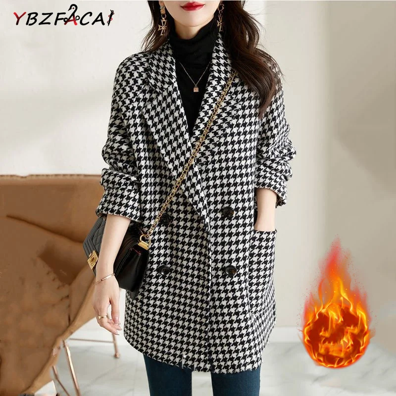 Houndstooth Woolen Coat Women Midi Fall Winter Korean Loose Thicker Black White Plaid Coat British Style Luxury Tweed Jacket
Houndstooth Woolen Coat Women Midi Fall Winter Korean Loose Thicker Black White Plaid Coat British Style Luxury Tweed Jacket