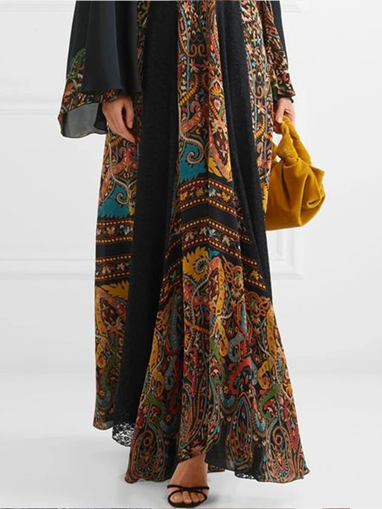 

Women's Dress 2023Y2K Summer Retro Casual Long sleeved Flare Sleeves Bohemian Ethnic Print Color Blocked Maxi Dress