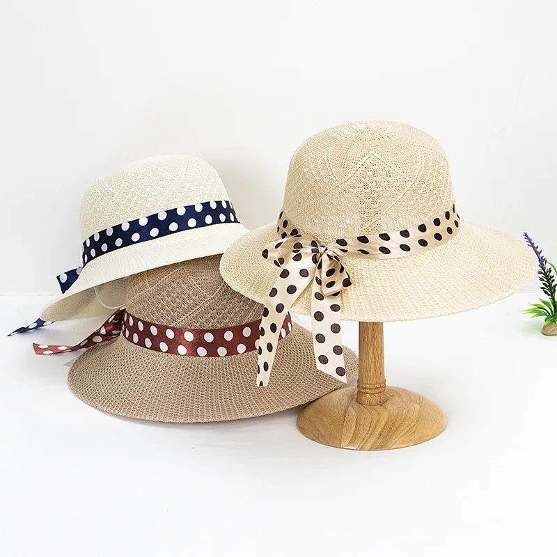 

2024 New Summer Girls Sun Hats Wide Brim Bowknot Straw Hat with Ribbon Outdoor Sun Protection Women Hats Ladies Panama Caps