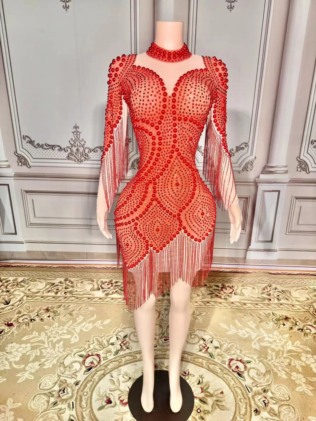 Xmas Sexy Women New Diamonds Crystal Red Peals Floral Tassels Dress Skinny See Through Women Nightclub Party Dance
Xmas Sexy Women New Diamonds Crystal Red Peals Floral Tassels Dress Skinny See Through Women Nightclub Party Dance