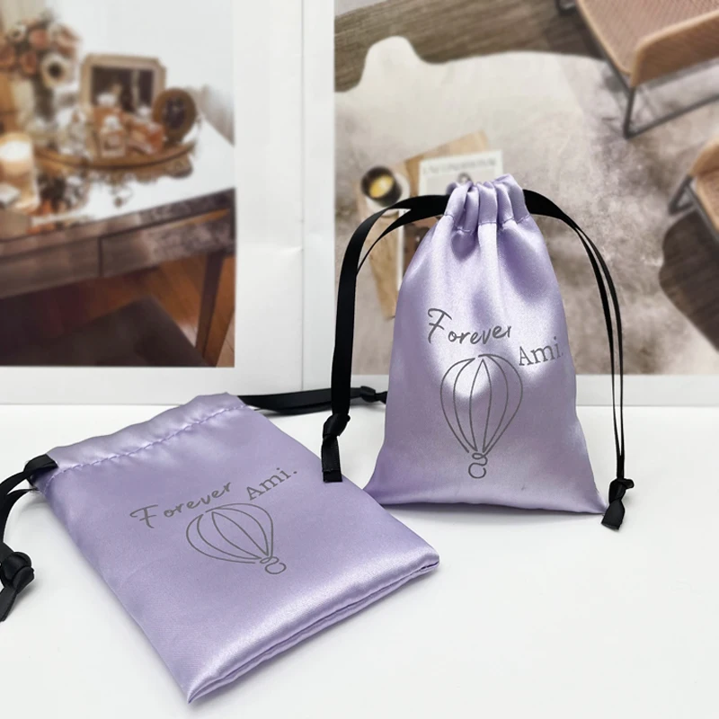 

50P Подарочный пакет, упаковка ювелирных атласных сумок, мешочки на шнурке, сумка для макияжа, свадебный мешок для хранения, индивидуальный саше с принтом логотипа