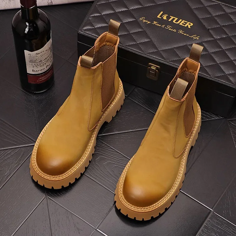 

men luxury fashion chelsea boots autumn winter shoes cowboy genuine leather boot handsome platform chunky motorcycle botas mans