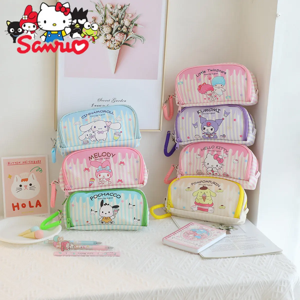 

MINISO Melody Kuromi Hello Kitty Cinnamoroll Pochacco Cartoon Pen Case Stationery Storage Bag Stationery Pen Case Cosmetic Bag