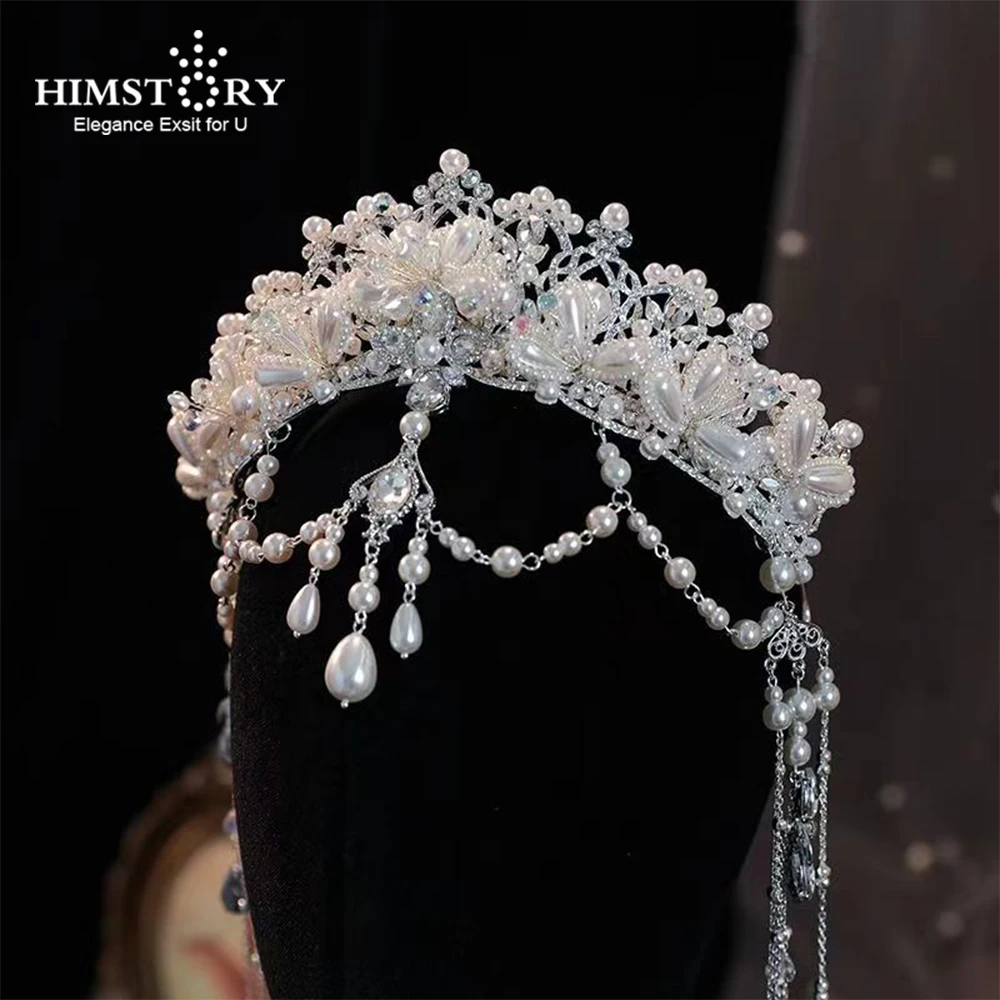 

HIMSTORY European Pearls Wedding Tiaras Crowns Headbands Crystal Evening Hairbands Brides Hair Accessories Prom Jewelry