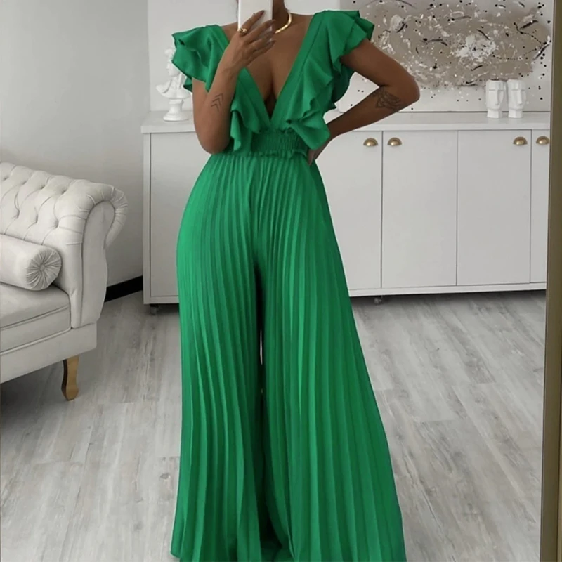 

Commuter Hollow Deep V Neck Pleated Jumpsuit Spring Solid High Waist Women Playsuit Summer Wide Leg Pants Ruffle Romper Overalls