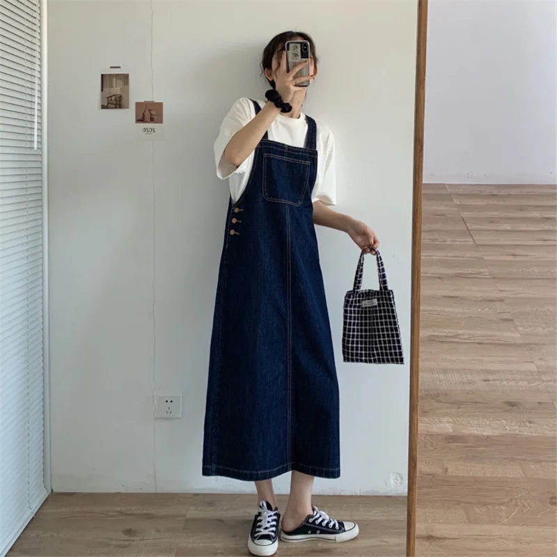 

S-5XL Women Denim Suspender Dress Blue Pocket Loose Casual Long Jean Dress Spring Summer Versatile Large Size Female Frock