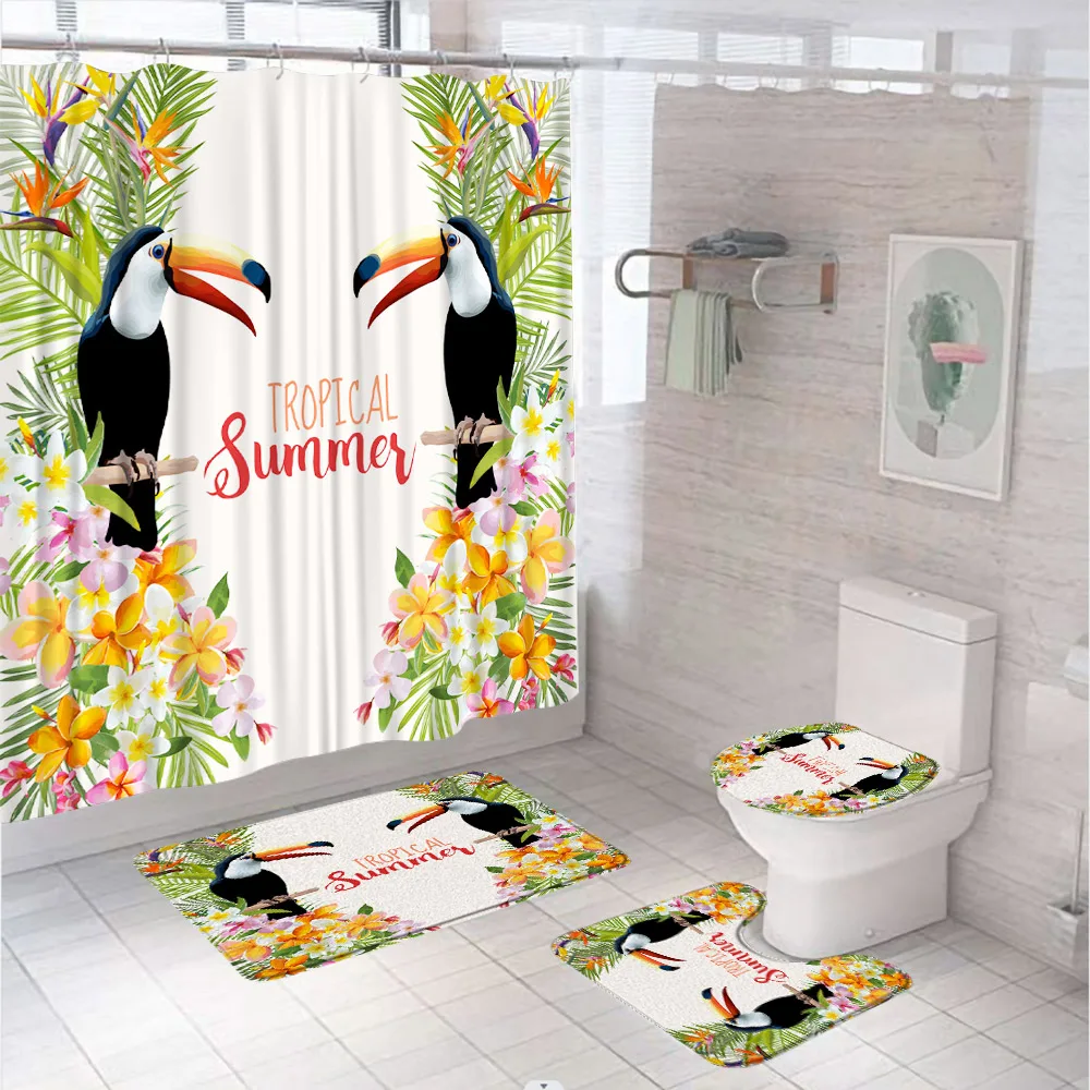 

Toucan Parrot Flamingo Green Leaves Shower Curtain Sets Tropical Jungle Flower Summer Bath Mat Carpet Toilet Rug Bathroom Decor