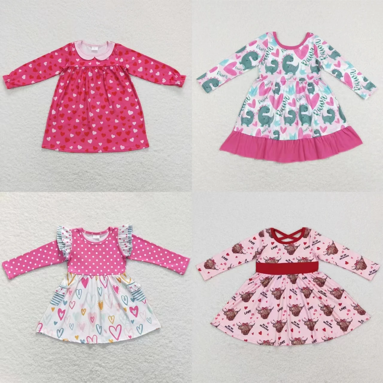 

Wholesale Valentine's Day Kids Boutique Dress Baby Girl Long Sleeves Hearts Love Clothes Children Spring Toddler Clothing