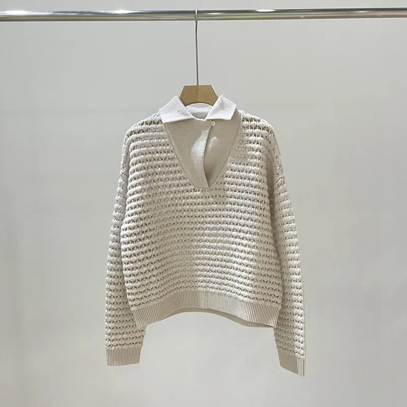 New Autumn and Winter Hook Pattern Hollow 100% Cashmere Sweater Loose Casual Solid Color Lapel Sweater for Women
New Autumn and Winter Hook Pattern Hollow 100% Cashmere Sweater Loose Casual Solid Color Lapel Sweater for Women