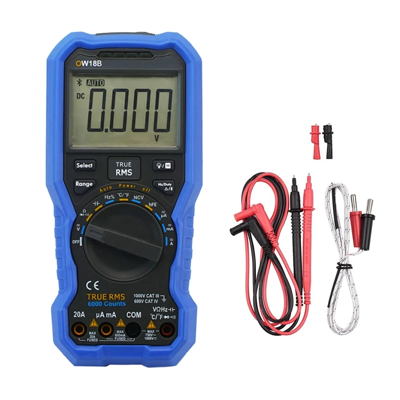 1Set OW18B Smart Digital Multimeter 20A 3 5/ 6 Digit Auto Range Bluetooth Version Data Multimeter Thermometer Blue Plastic
1Set OW18B Smart Digital Multimeter 20A 3 5/ 6 Digit Auto Range Bluetooth Version Data Multimeter Thermometer Blue Plastic